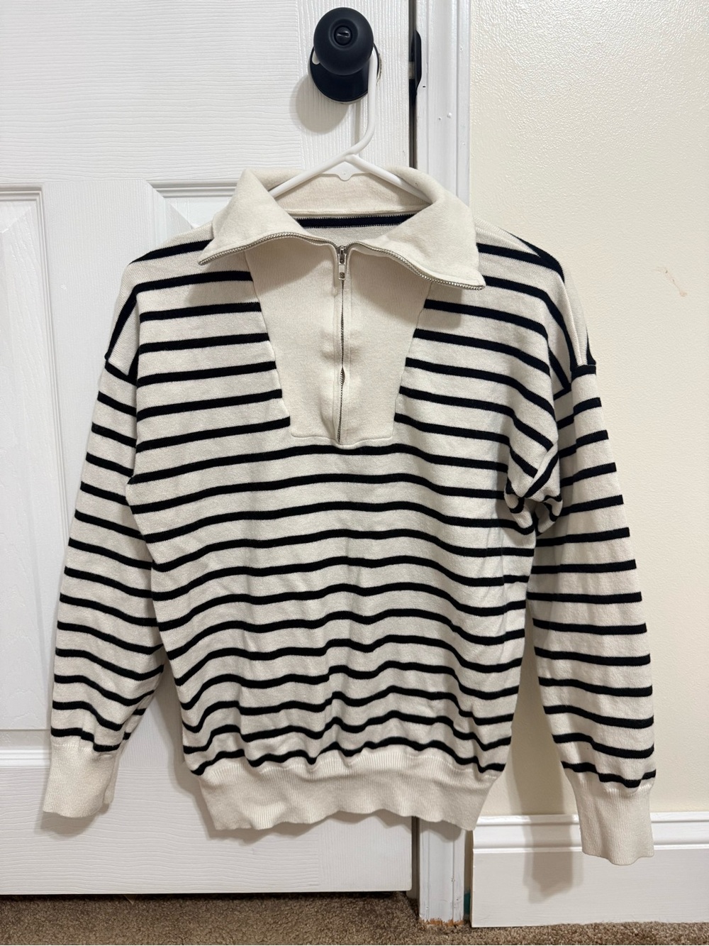 Cream and Black Striped Zip-Up Sweater